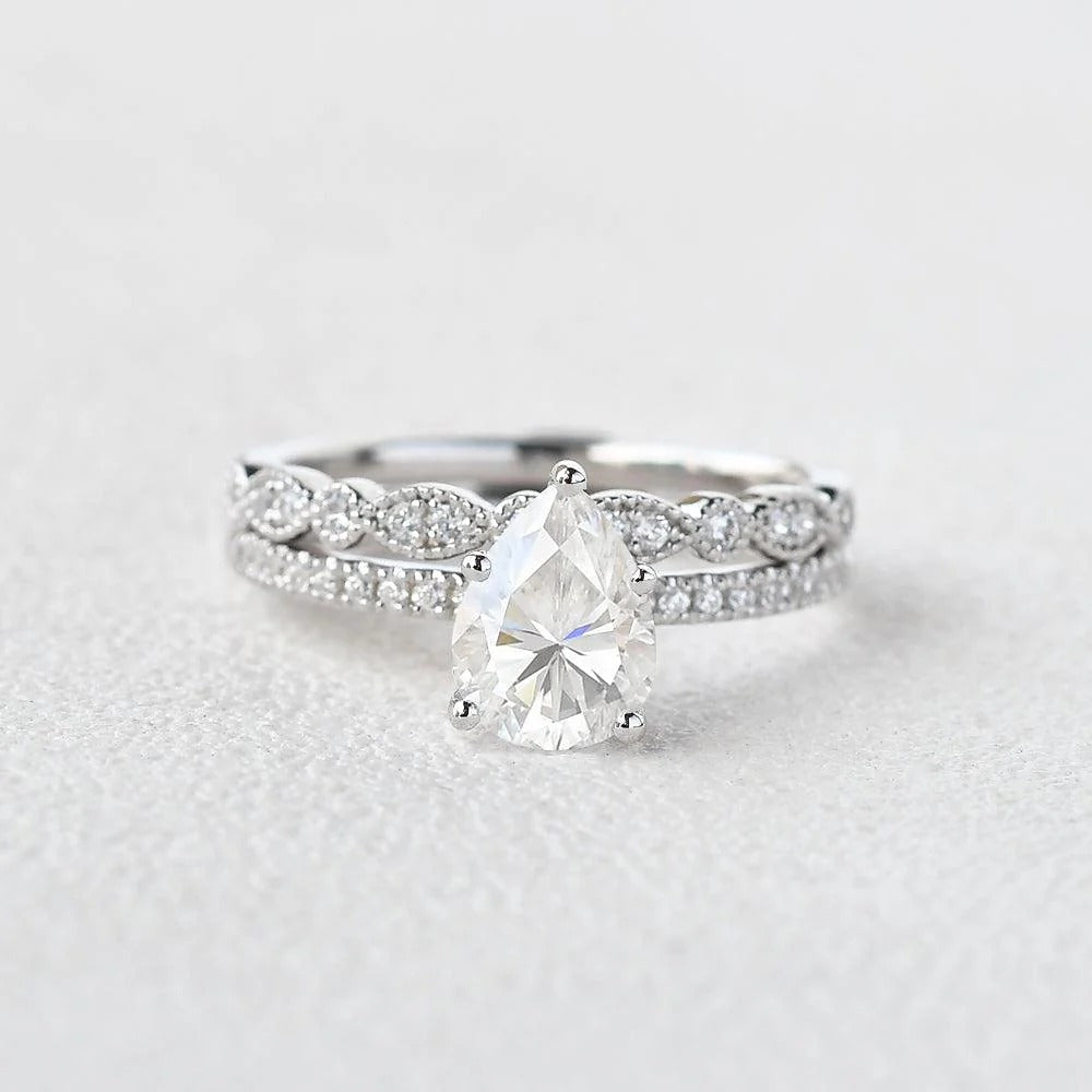 Pave Set Pear Cut Moissanite Colorless Bridal Ring Set