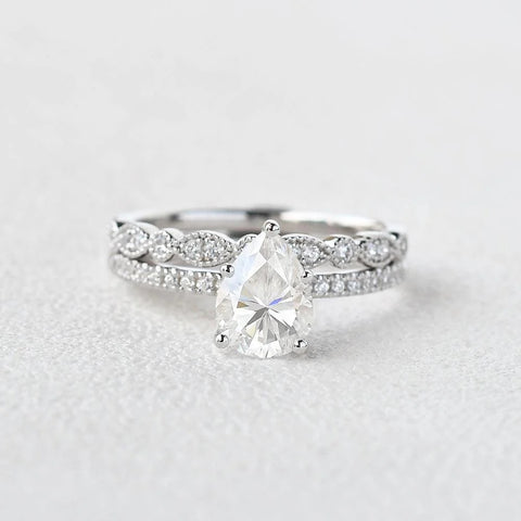 Pave Set Pear Cut Moissanite Colorless Bridal Ring Set