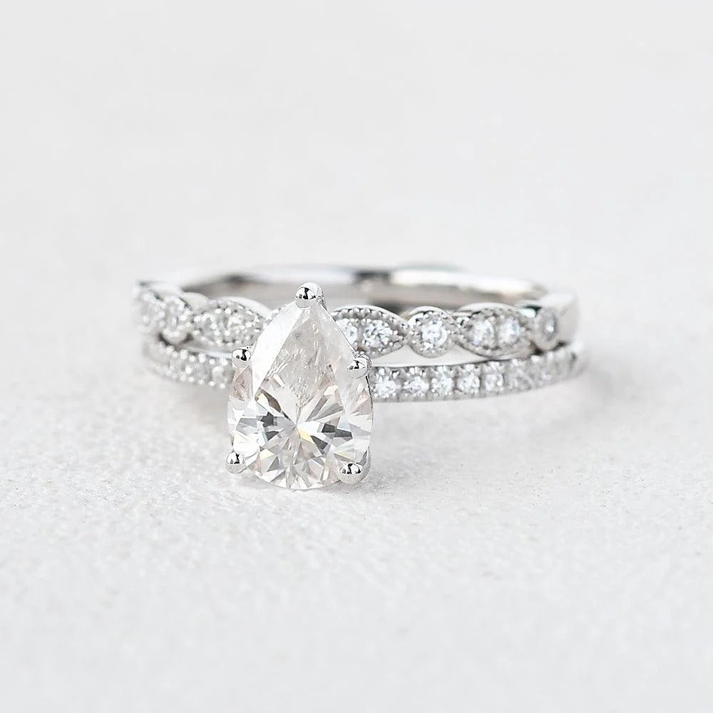 Pave Set Pear Cut Moissanite Colorless Bridal Ring Set