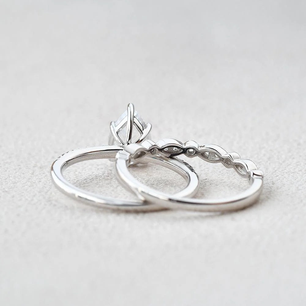 Pave Set Pear Cut Moissanite Colorless Bridal Ring Set