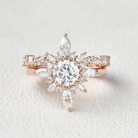 Round Cut Floral Vintage Halo Bridal Ring Set Gift For Her