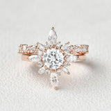 Round Cut Moissnaite Floral Halo Fancy Wedding Ring Set