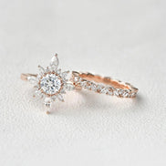 Round Cut Moissnaite Floral Halo Fancy Wedding Ring Set