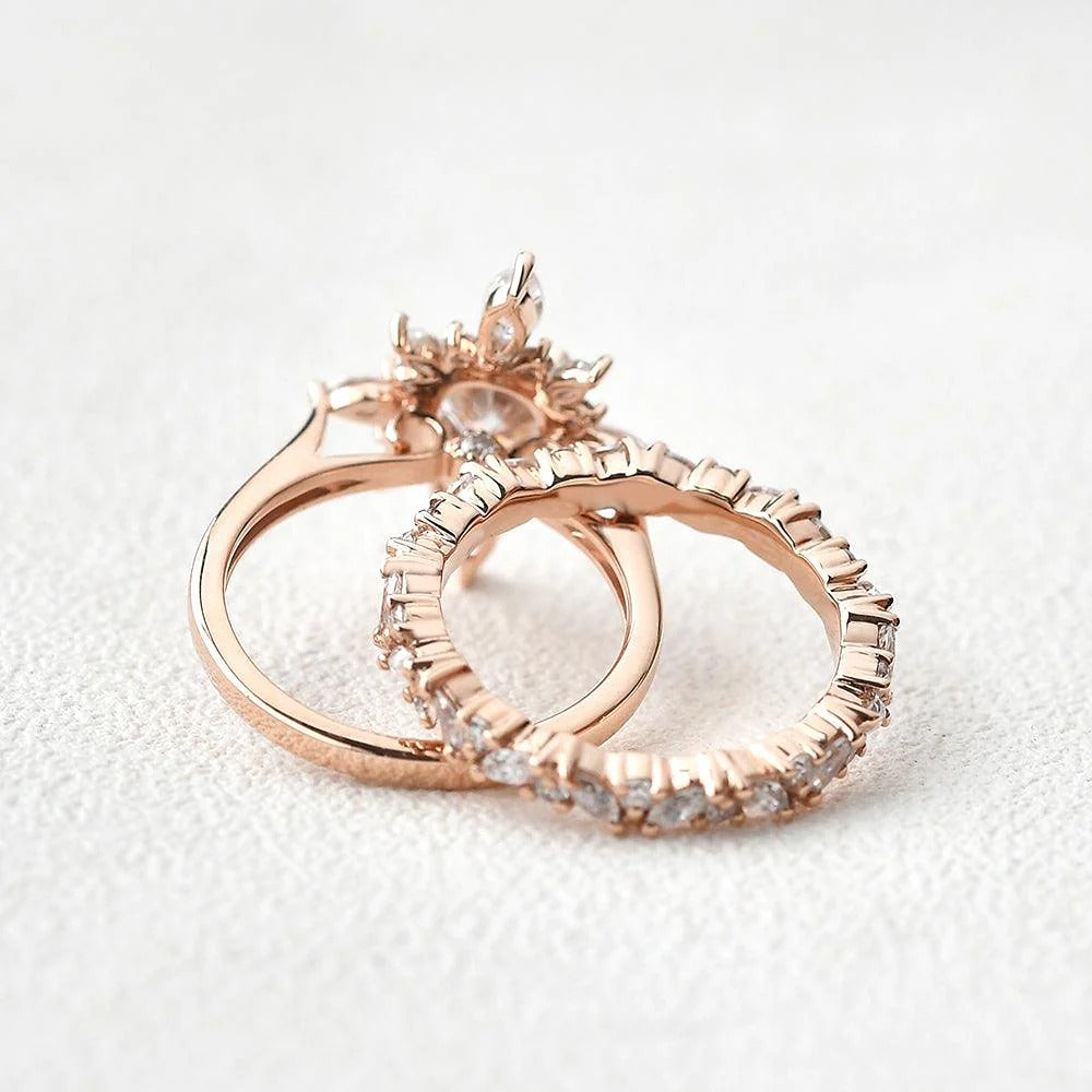 Round Cut Floral Vintage Halo Bridal Ring Set Gift For Her