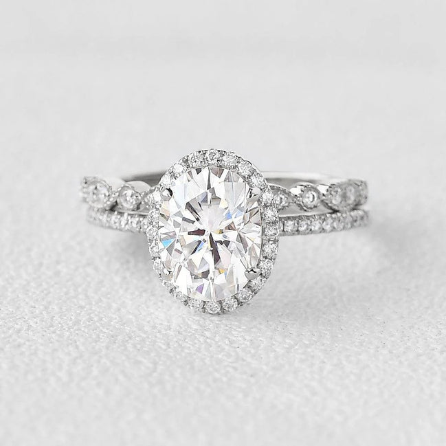 Oval Cut Moissanite D Color Vintage Halo Wedding Set For Women