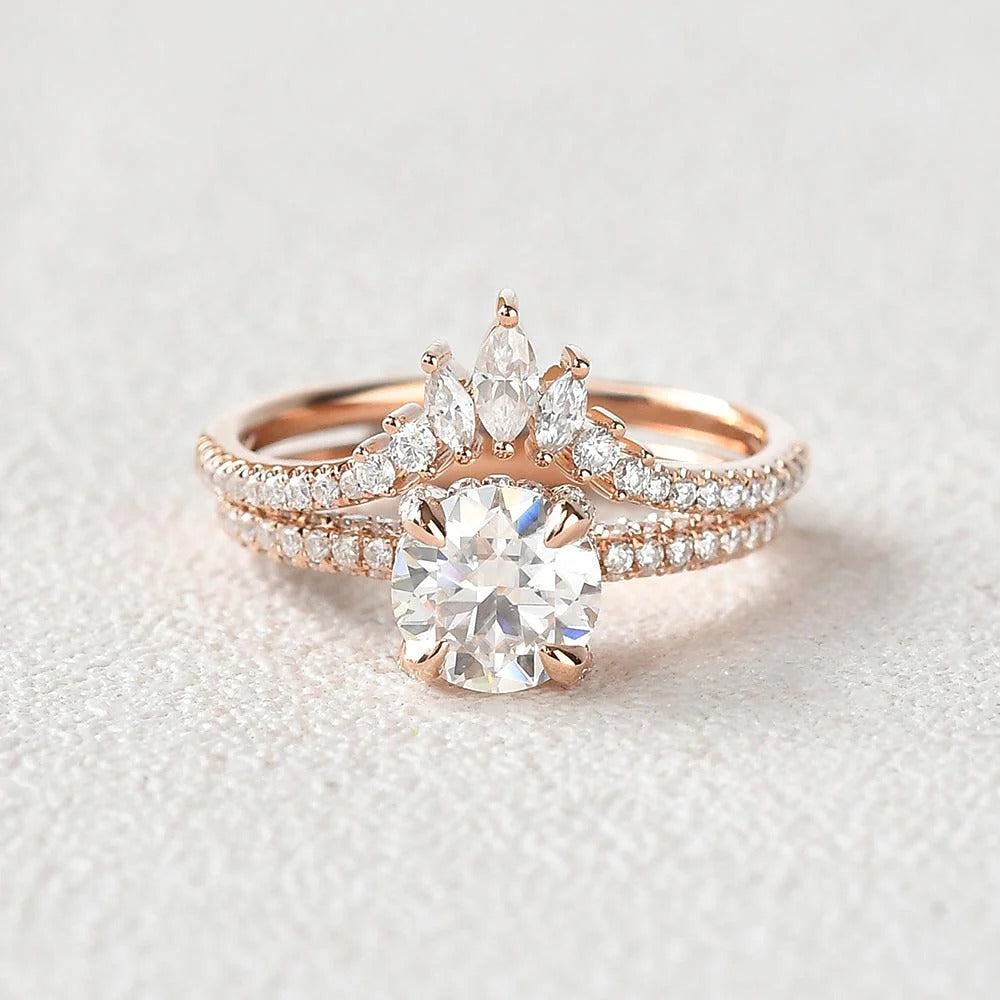 Moissanite VVS1 Round Cut Hidden Halo Wedding Ring Set