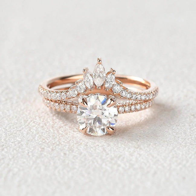 Moissanite VVS1 Round Cut Hidden Halo Wedding Ring Set