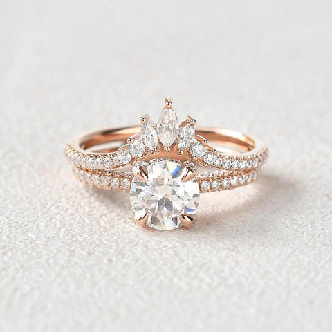 Moissanite VVS1 Round Cut Hidden Halo Wedding Ring Set