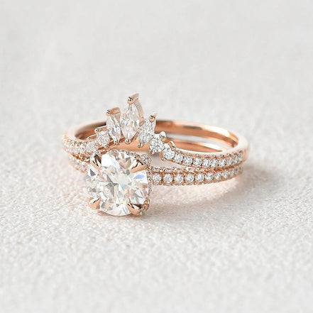 Moissanite VVS1 Round Cut Hidden Halo Wedding Ring Set