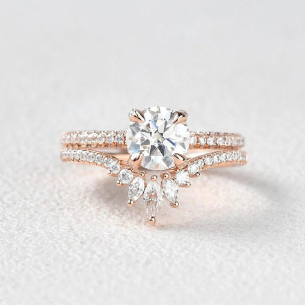 Moissanite VVS1 Round Cut Hidden Halo Wedding Ring Set