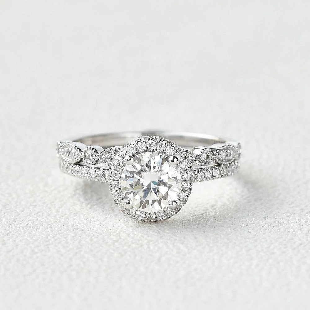 Round Cut Vintage Halo Colorless Moissanite Wedding Ring Set