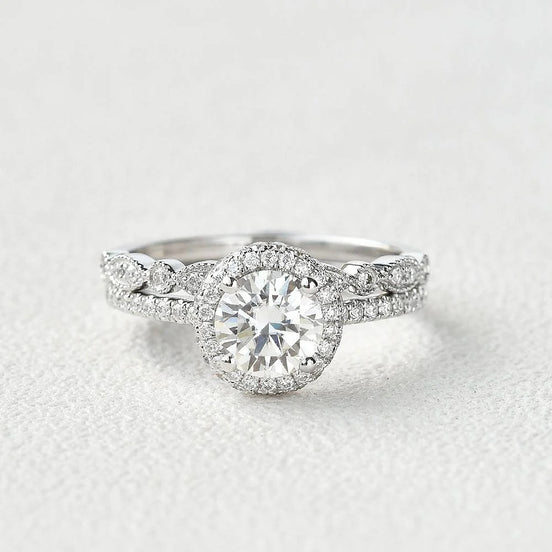 Round Cut Vintage Halo Colorless Moissanite Wedding Ring Set