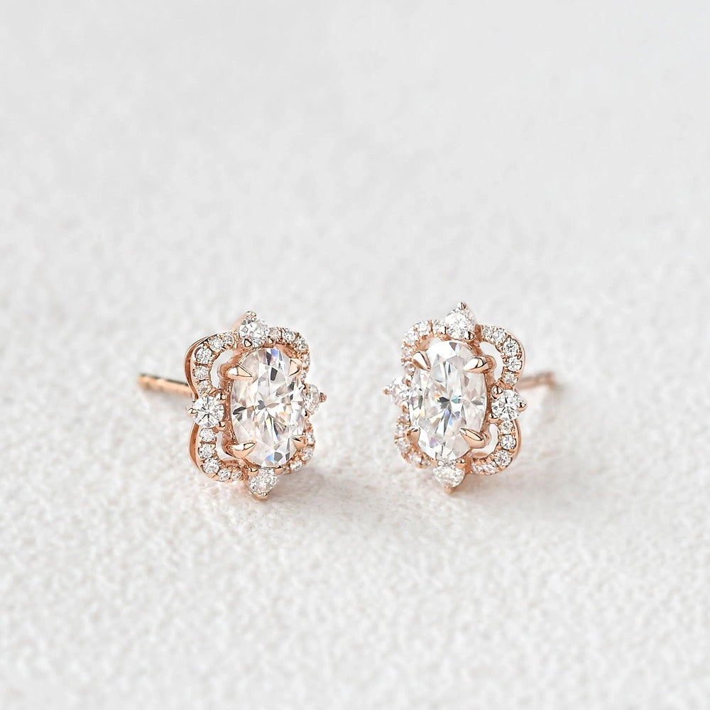 Oval Cut Moissanite Diamond Halo Stud Back Earrings