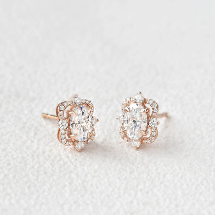 Oval Cut Moissanite Diamond Halo Stud Back Earrings