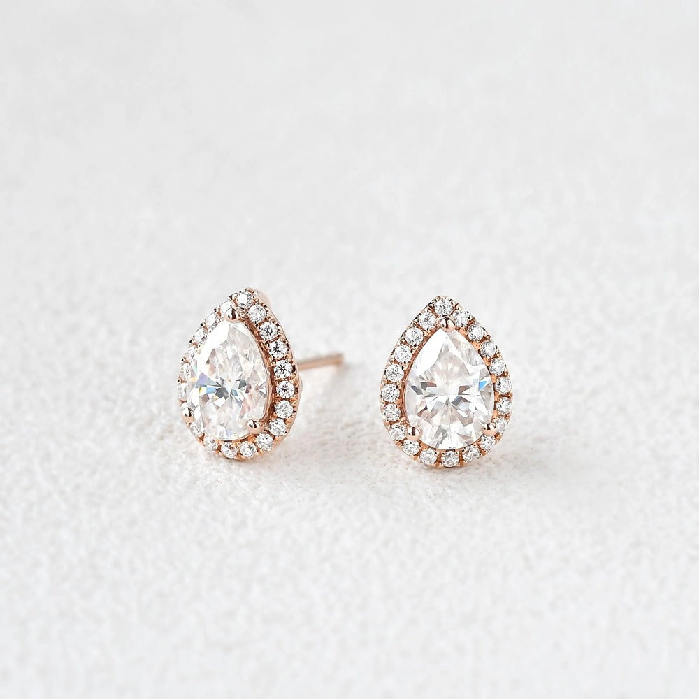Moissanite Pear Cut Halo Stud Fancy Earring