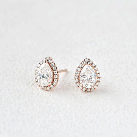 Moissanite Pear Cut Halo Stud Fancy Earring