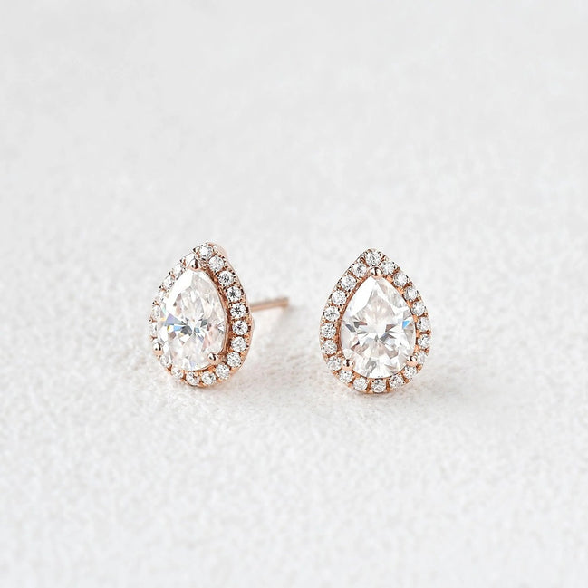 Moissanite Pear Cut Halo Stud Fancy Earring