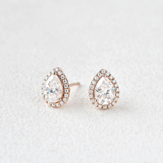 Moissanite Pear Cut Halo Stud Fancy Earring