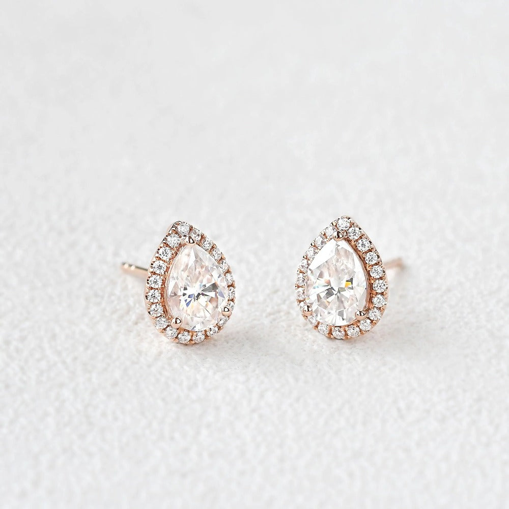 Moissanite Pear Cut Halo Stud Fancy Earring