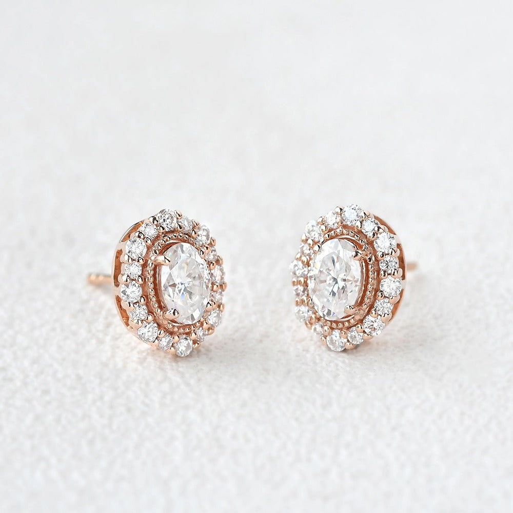 Oval & Round Cut Vintage Halo Moissanite Stud Push Back Earring