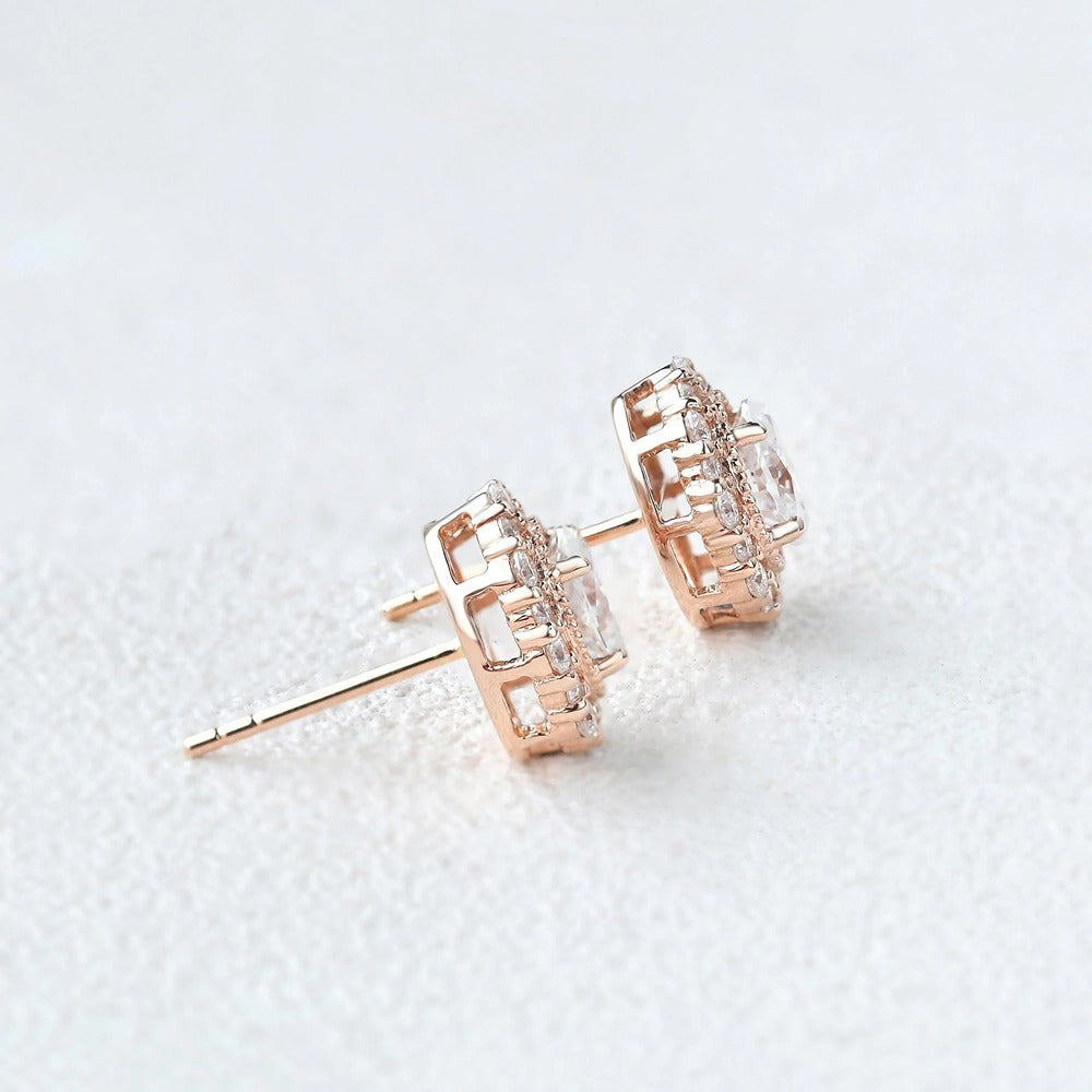 Oval & Round Cut Vintage Halo Moissanite Stud Push Back Earring