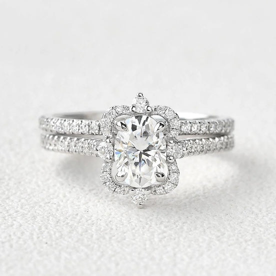 Oval Cut Vintage Halo D Color Moissanite Bridal Ring Set