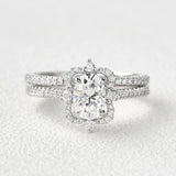 Oval Cut Vintage Halo D Color Moissanite Bridal Ring Set