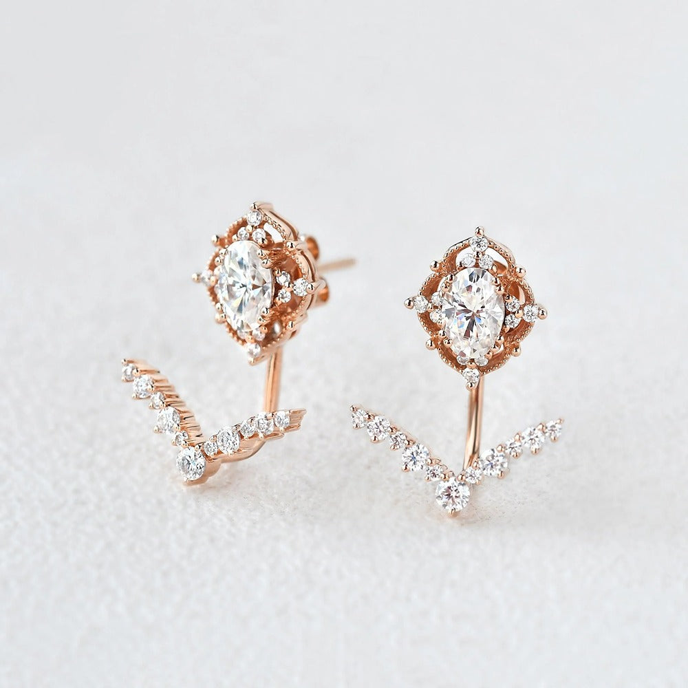 Moissanite Diamond Oval & Round Cut Vintage Style Stud Earring