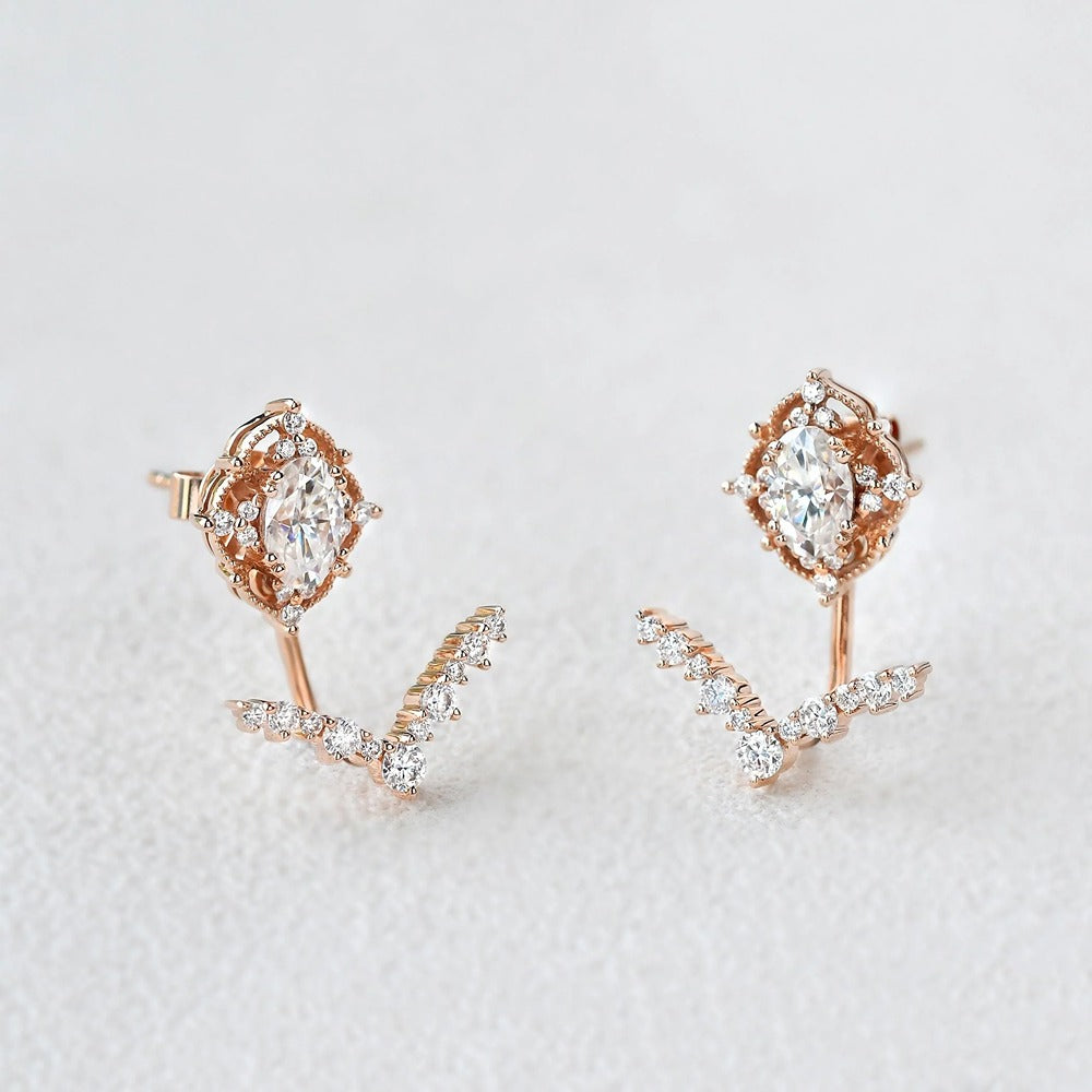 Moissanite Diamond Oval & Round Cut Vintage Style Stud Earring