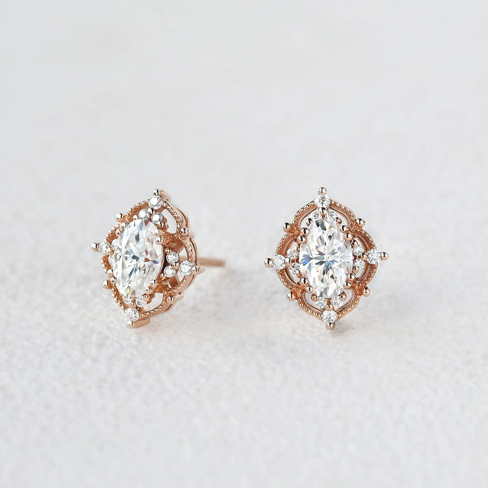 Moissanite Diamond Oval & Round Cut Vintage Style Stud Earring