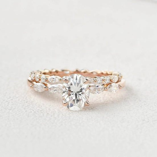 Colorless Moissanite Five Stone Oval Cut Bridal Ring Set For Women