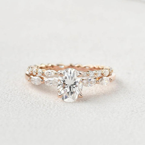 Colorless Moissanite Five Stone Oval Cut Bridal Ring Set For Women