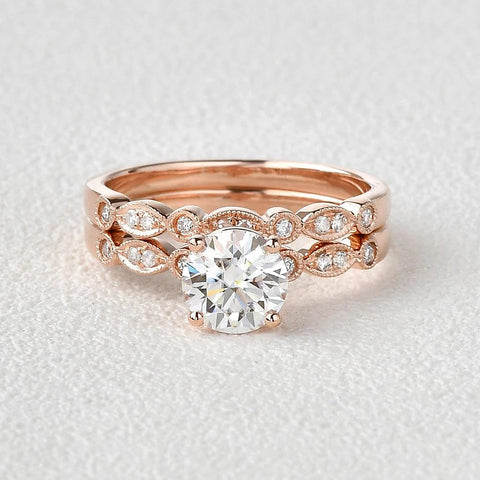 Round Cut 1.50CT Moissanite Art Deco Wedding Ring Set