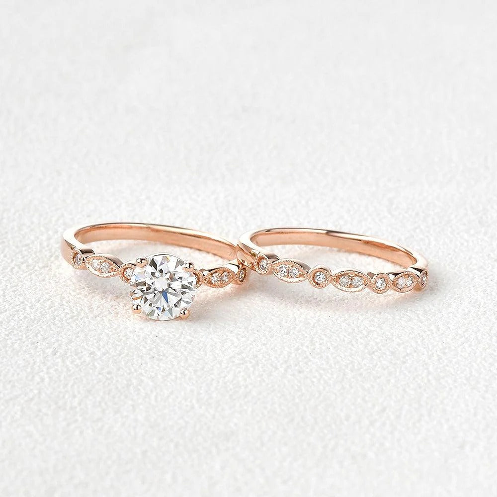 Round Cut 1.50CT Moissanite Art Deco Wedding Ring Set