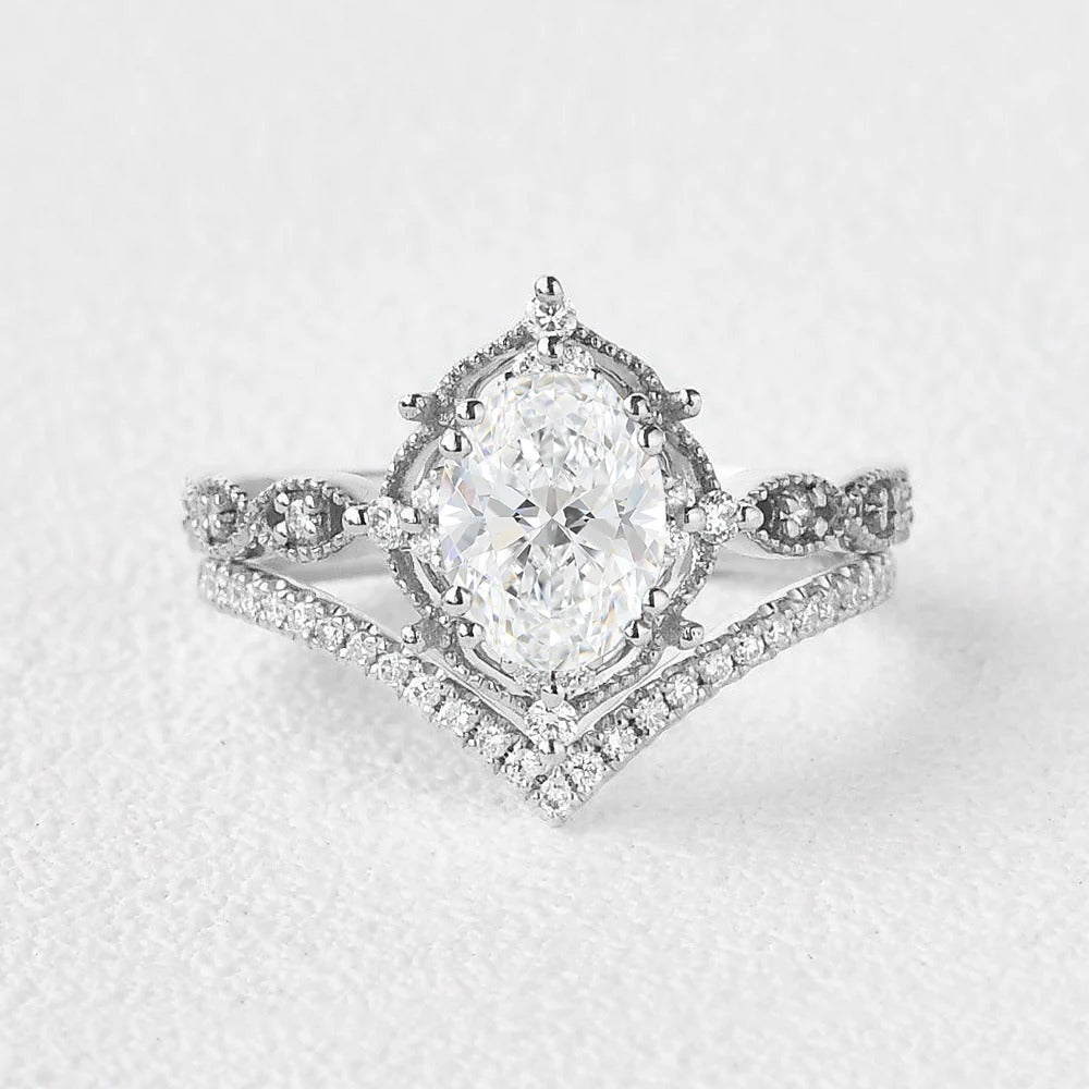 Moissanite Oval Cut Art Deco Wedding Proposal Ring Set