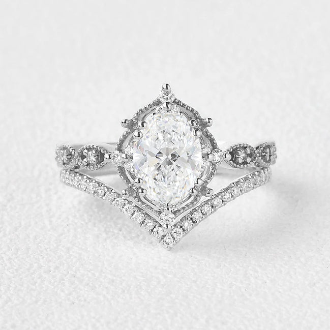 Moissanite Oval Cut Art Deco Wedding Proposal Ring Set