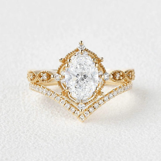 Moissanite Oval Cut Art Deco Wedding Proposal Ring Set