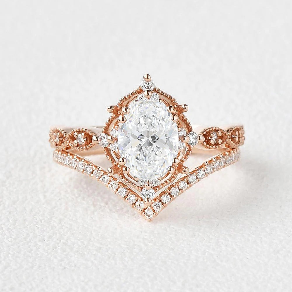 Moissanite Oval Cut Art Deco Wedding Proposal Ring Set
