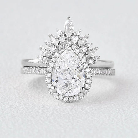 Moissanite Pear Cut Halo Style Wedding Ring Set