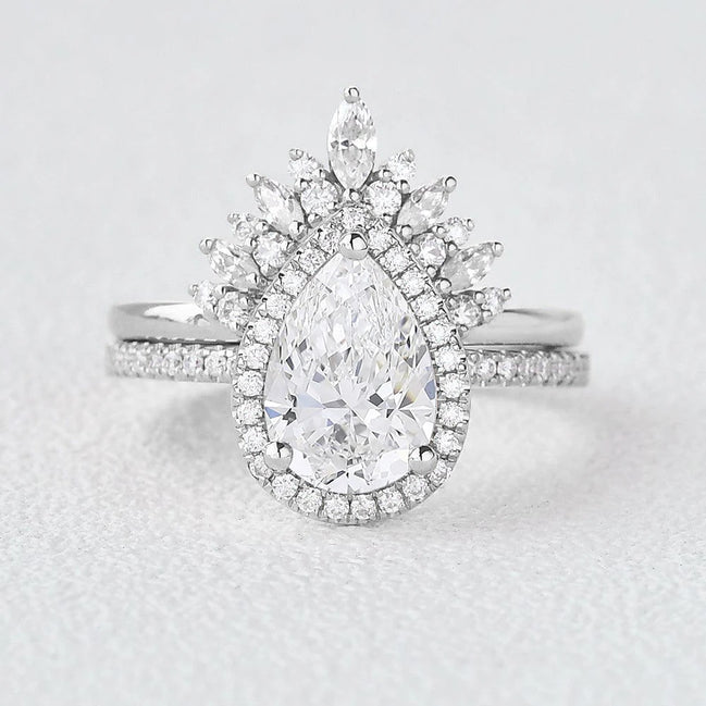 Moissanite Pear Cut Halo Style Wedding Ring Set