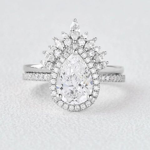 Lab Created Pear Cut Halo Style Wedding Ring Set