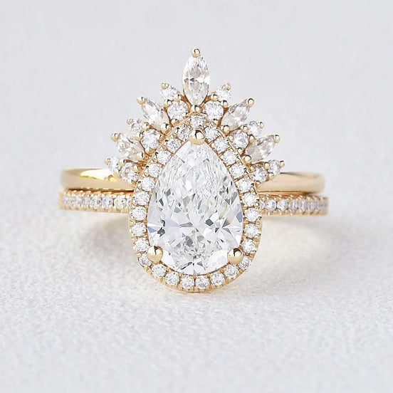 Pear Cut Halo Moissaite D Color Wedding Ring Set Gift For Women