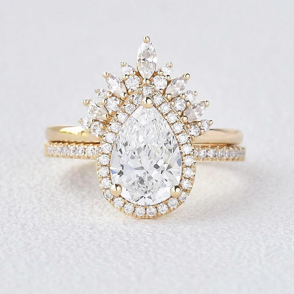 Moissanite Pear Cut Halo Style Wedding Ring Set