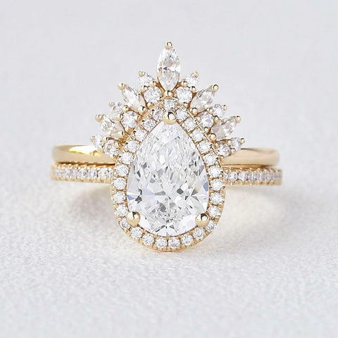 Lab Created Pear Cut Halo Style Wedding Ring Set