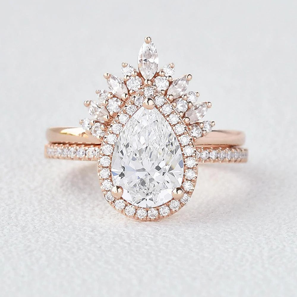 Moissanite Pear Cut Halo Style Wedding Ring Set