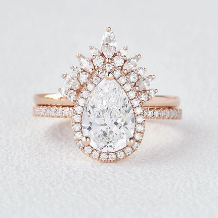 Moissanite Pear Cut Halo Style Wedding Ring Set