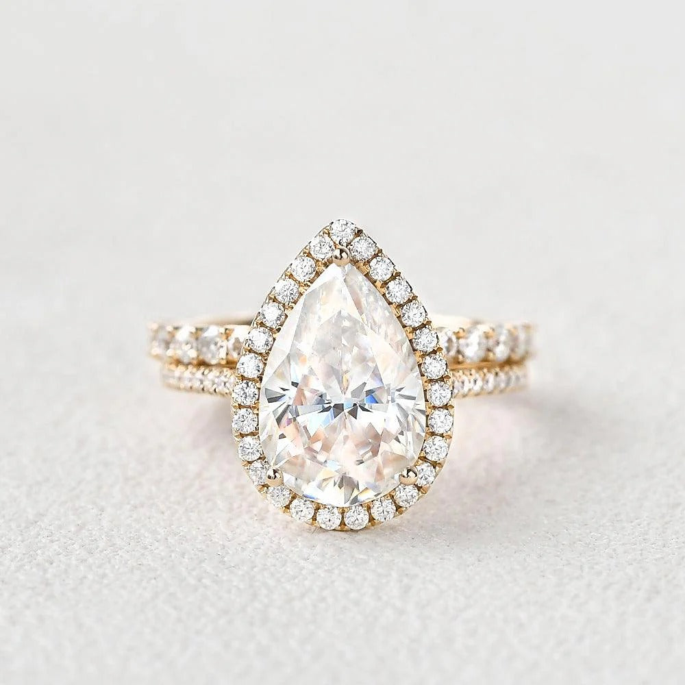 Vintage Halo Pear Cut Colorless Moissanite Ring Set For Her