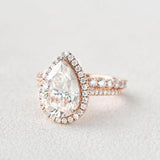 Vintage Halo Pear Cut Colorless Moissanite Ring Set For Her