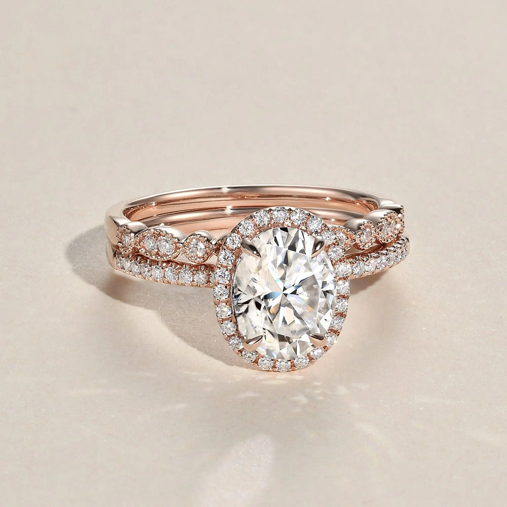 Oval Cut Moissanite D Color Vintage Halo Wedding Set For Women