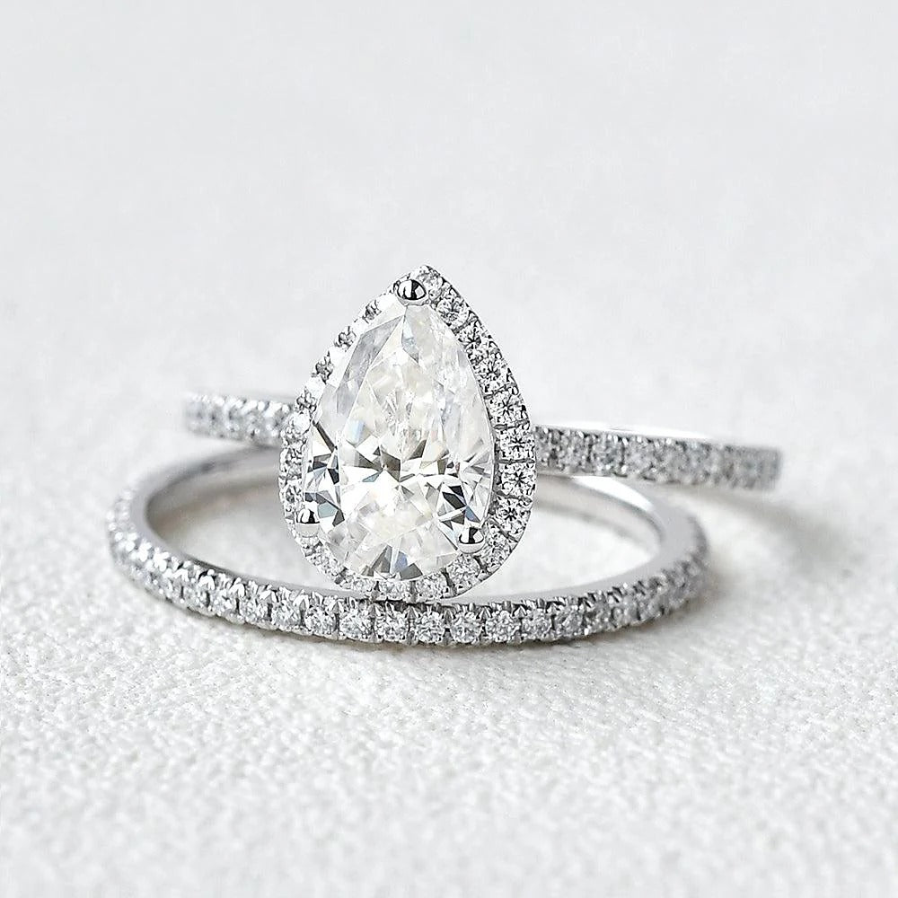 Colorless Moissanite Pear Cut Halo Bridal Set